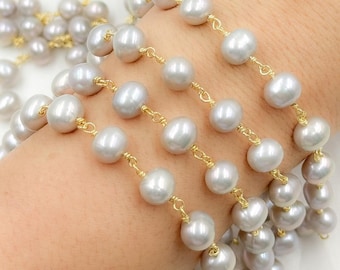 Cadena de alambre de plata de ley 925 con perla gris redonda bañada en oro, cadena de perla grande, cadena de piedras preciosas, joyería permanente, JewelsandChains. PRL47