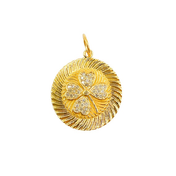 14K Solid Gold Diamond Clover Charm 19mm Circle Shape Pendant