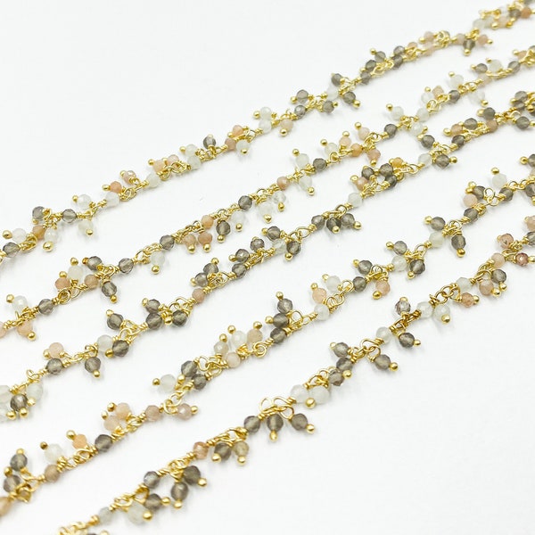 Multi Moonstone WireWrapped Chain by Foot, 2 mm Bead Cluster Rosary Chain, Gold Dangle Rosary Chain, Unfinished Wire Wrap Faceted Bead Chain