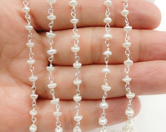 1FT 3mm Sterling Silver White Freshwater Pearl Chain, Round Cultured Pearl Chain Wholesale, Faceted Pearl Rosary Chain, Beaded Chain. PRL33