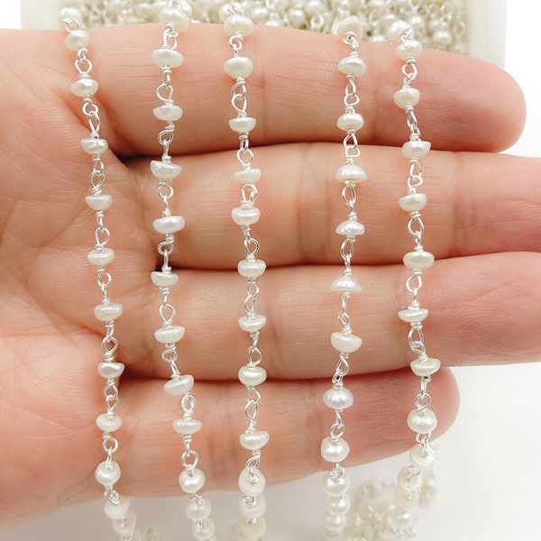 1FT 3mm Sterling Silver White Freshwater Pearl Chain, Round Cultured Pearl Chain Wholesale, Faceted Pearl Rosary Chain, Beaded Chain. PRL33