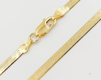 Gold Snake Necklace, Vermeil Gold Herringbone Necklace,  3.4mm Layering Flat Gold Necklace, High Quality Silver Gold Plate Chain. HER1GP