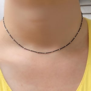 Cube Chain Choker Necklace, Silver Bead Satellite Necklace Choker, Black Polish with Silver Bead Cable Silver Chain Wholesale. Z36SB2F