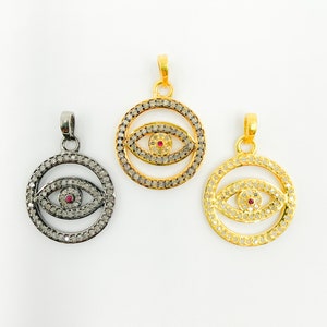 Pave Diamond Evil eye 19mm Charm with Ruby, Gold Eye Charm Bulk, Round Evil eye Charm Wholesale Diamond 925 Silver Circle Necklace Charm
