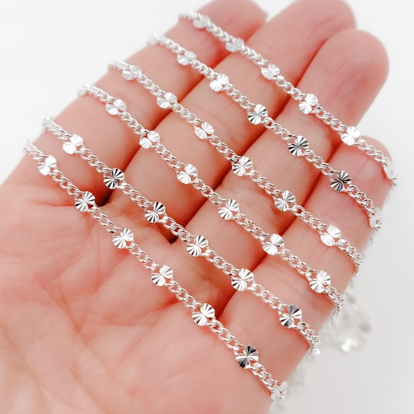 925 Sterling Silver Curb Chain with Textured Disc Link by foot, Curb With Textured Disc Link Chain Bulk. Silver Jewelry Supply. V162SS