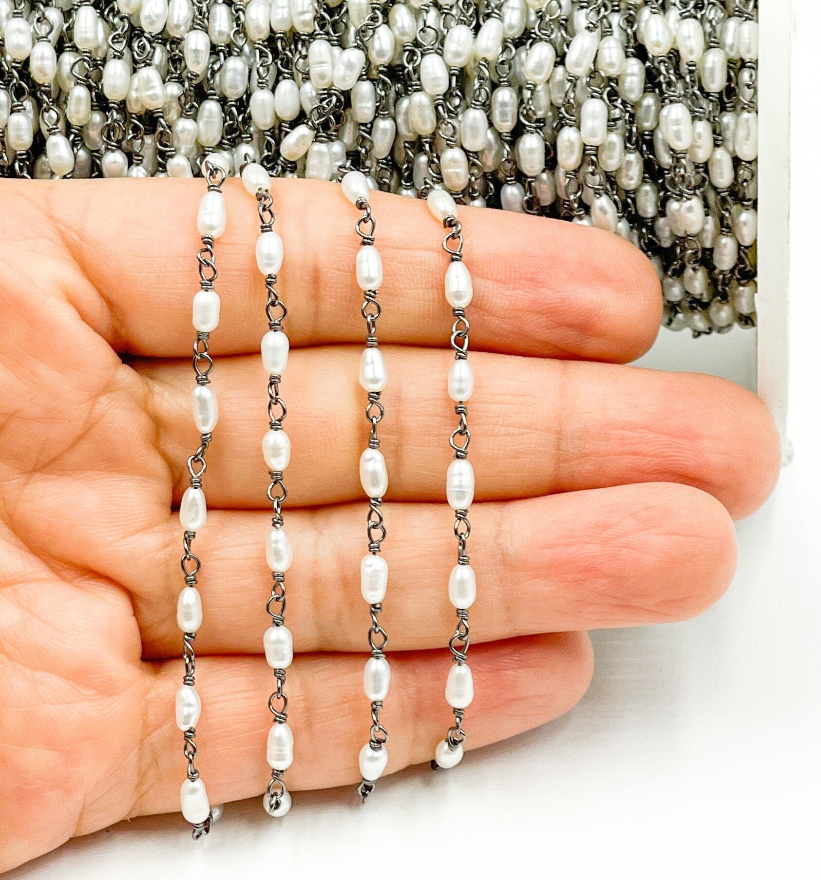 gunmetal rosary beaded chain tiny pearl wire wrap chain natural rice