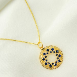 14K Solid Gold Charm 20mm. Gold Pendant with Blue Sapphire and Diamonds. 14K Solid Gold Pendant Charm for necklace. GDP159