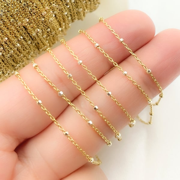 1FT 1.4mm cube sterling silver Gold Plate Satellite Chain by Foot, cable cube Chain bulk, gold fine necklace chain with silver cube. Z36GS1