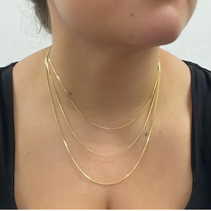 14K Gold Snake Necklace 16&quot; 18&quot; & 20&quot;, Layering Snake Necklace, 0.8mm Herringbone Necklace, Authentic 14K Solid Gold Flat Chain 100CCTD