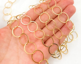 14k Gold Filled Chain, 13mm Flat Round Link, Shiny Necklace Chain by Foot. 748FGF