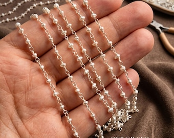 925 Sterling Silver Freshwater Pearl Rosary Chain, Bulk Jewelry Making Supplies by Foot. PRL51