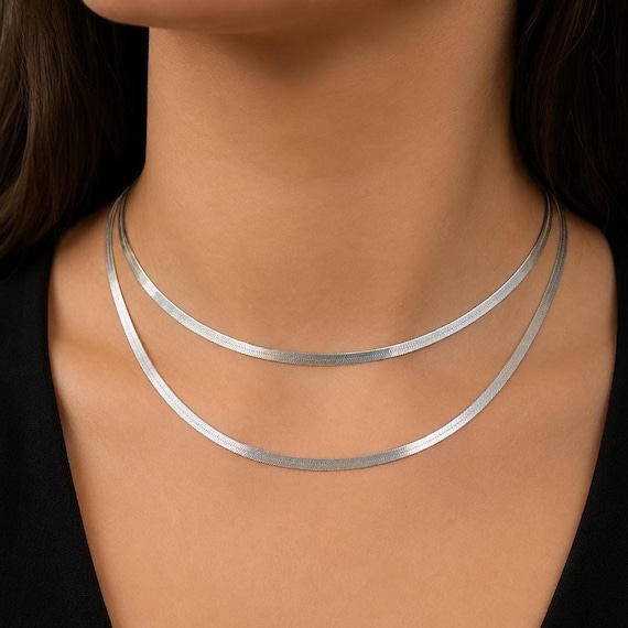 925 Sterling Silver Herringbone Snake Chain Necklace, Elegant