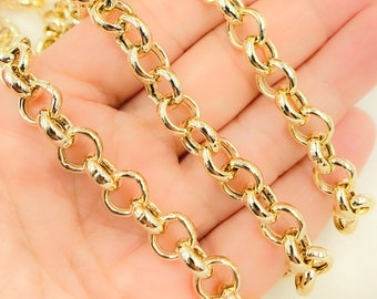 Gold Plated Sterling Silver Rolo Link Chain, 8mm Unfinished Jewelry Supply. V48GP