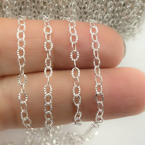 1FT 3x2mm 925 Silver Chain by Foot, Unfinished Flat Oval Link Diamond Cut Chain, Shiny Sparkle Silver Chain, Fancy Chain Bulk. V187SS