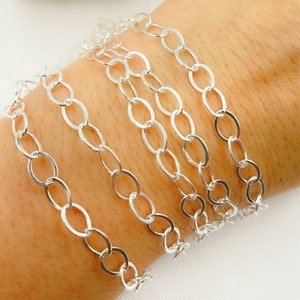 1FT 7x5mm 925 Silver Flat Oval Cable Chain by Foot, Unfinished 925 Sterling Silver Flat Oval Link Chain. V189FSS