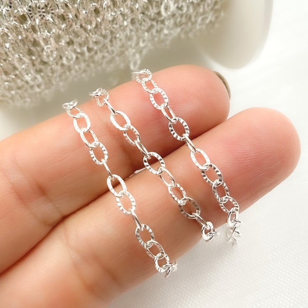 1FT 4x3mm 925 Silver Chain by Foot, Unfinished Flat Oval Link Diamond Cut Chain, Shiny Sparkle Silver Chain, Fancy Chain Bulk. V188SS