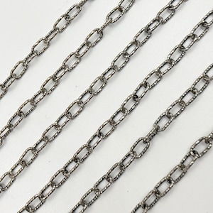 Oxidized 925 Sterling Silver Hammered Cable Chain. Link Size: 4x7mm. Textured Oxidized Chain Sold by Foot.V151DCOX