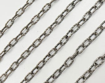 Oxidized 925 Sterling Silver Hammered Cable Chain. Link Size: 4x7mm. Textured Oxidized Chain Sold by Foot.V151DCOX
