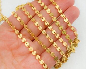 4mm 925 Silver Gold Plate Chain by Foot, Unfinished Matte Disc Necklace Chain, Circle Sequin Chain Wholesale, Round Disc Chain. X25GP