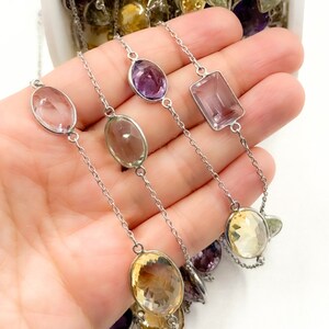 Sterling Silver Multi Gemstone Chain, Amethyst Topaz Quartz Bezel, Dainty Cable Bead image 4
