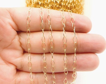 1FT 5x3mm 14K Gold Filled Rhomb Link Chain by foot, Gold filled shiny flat rhomb chain. Unfinished Gold filled jewelry supply. 1013711