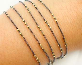 1FT 1.4mm cube silver Satellite Chain Foot, fine oxidized silver chain with three gold cube beads, gunmetal unfinished bead chain. Z26GB