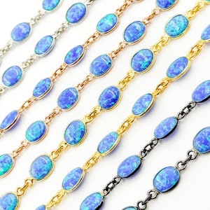 Created Blue Opal Oval Shape Connected Chain, Permanent Jewelry, Jewels and Chains, Opal Chain by Foot, Silver Chain by Foot, Opal. CBO10