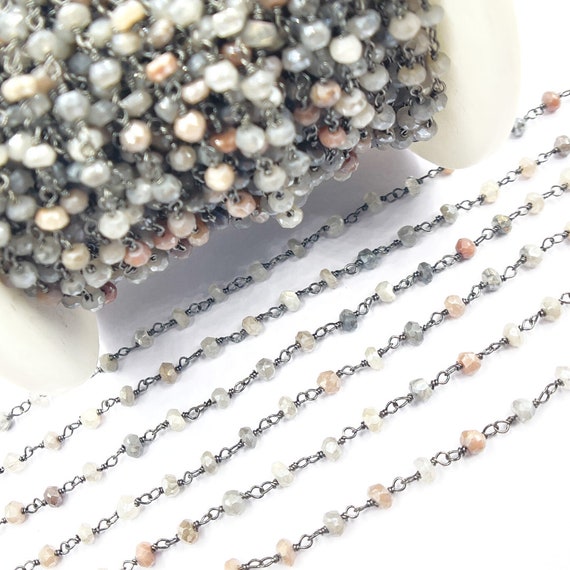 1FT 4mm Coated Multi Moon Stone Black Rhodium 925 Sterling Silver