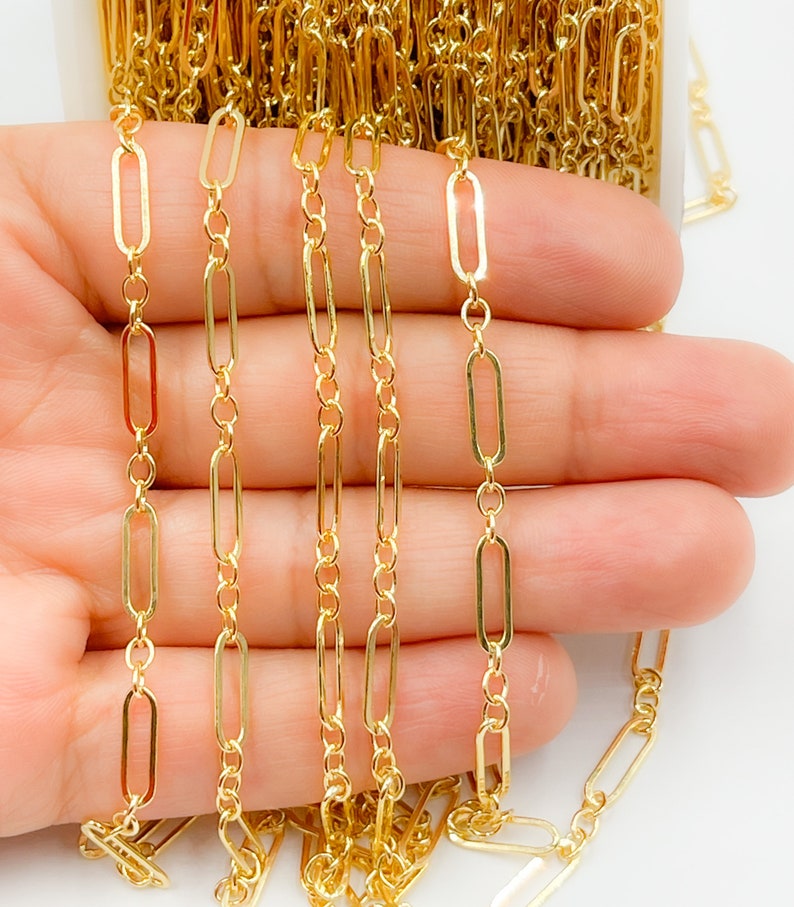 1FT 11x4mm 14k gold filled chain by foot,flat unfinished long oval and circle link chain,drawn paperclip,small round link chain bulk.103331F image 2