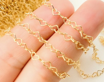 14K Gold Filled Heart Link Chain, 14k gold filled chain by foot, heart necklace chain, tiny heart link chain with bar bulk. 629GF