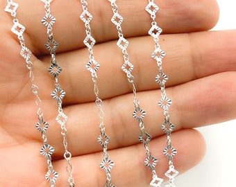 925 Sterling Silver Chain by foot, Patterned Hammered Rhomb Link Chain, Diamond Shape Sequin Chain, Dainty Sparkle Sequin Chain. V18SSDC