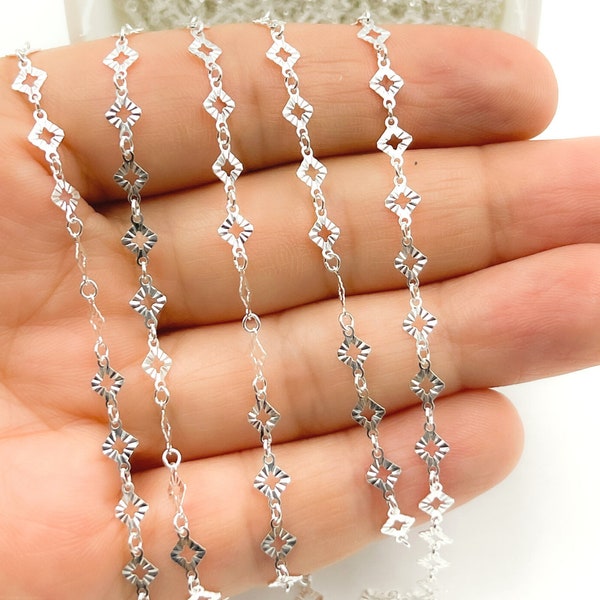 925 Sterling Silver Chain by foot, Patterned Hammered Rhomb Link Chain, Diamond Shape Sequin Chain, Dainty Sparkle Sequin Chain. V18SSDC