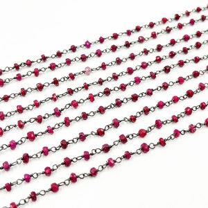 Faceted Rondelle Rosary Chain Nugget Ruby Beads, Black Finish Rosary Chain Wire Wrap Ruby Jewelry, Faceted Bead Wire Wrap Chain RUB3
