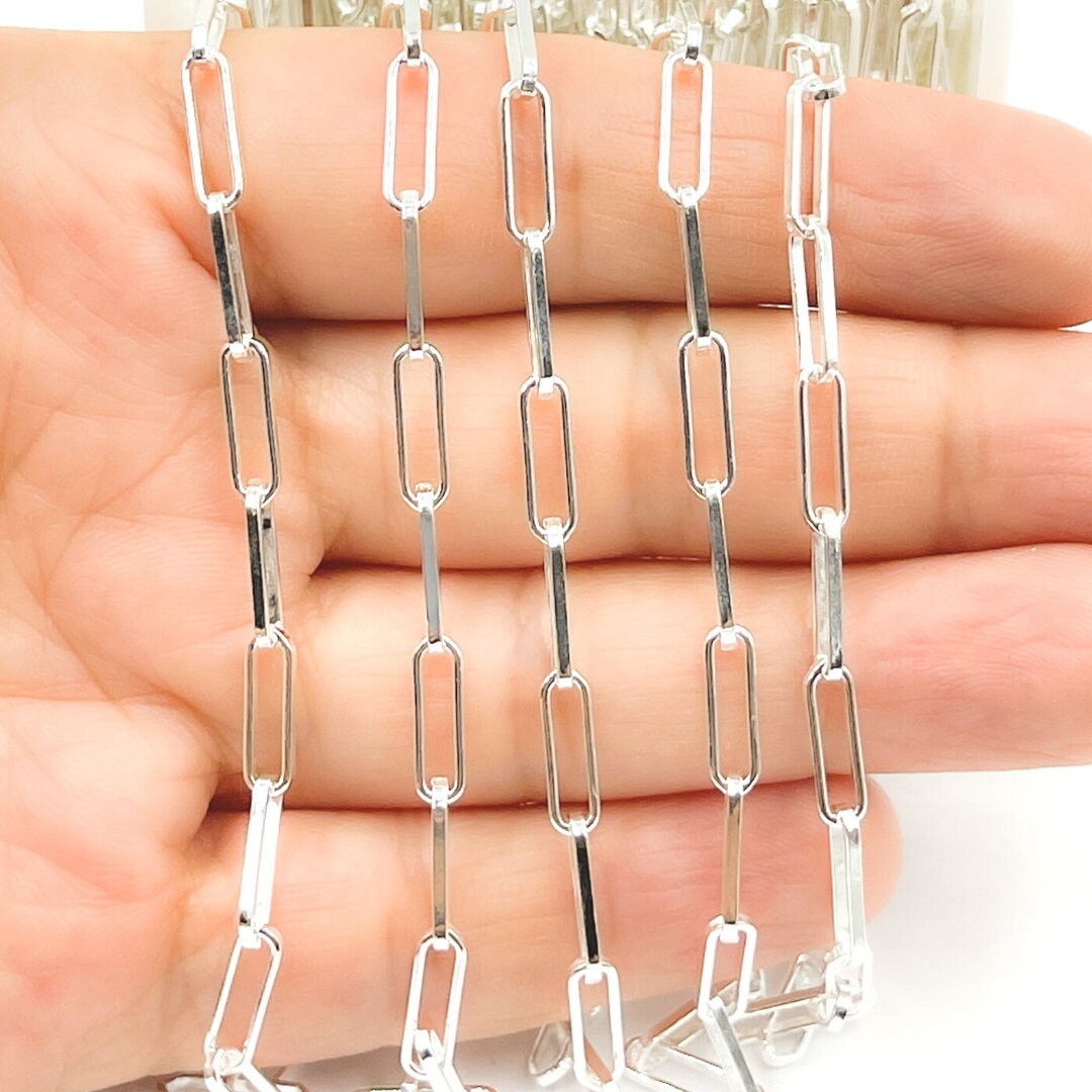 11x4mm 925 Silver Paperclip Chain Bulk by foot, Flat Smooth Rectangle Paperclip Chain, Drawn Oval Link Chunky Bracelet Chain. V128SS