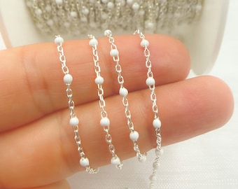 1FT 2x1mm 925 Sterling Silver White Enamel Chain, White Color Bead Chain, Permanent Jewelry, Jewels and Chains. V203WTSS