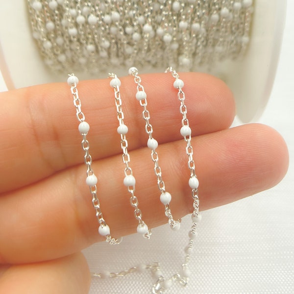 1FT 2x1mm 925 Sterling Silver White Enamel Chain, White Color Bead Chain, Permanent Jewelry, Jewels and Chains. V203WTSS