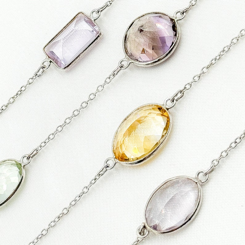 Sterling Silver Multi Gemstone Chain, Amethyst Topaz Quartz Bezel, Dainty Cable Bead image 5