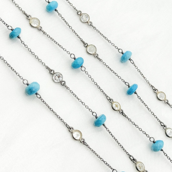 1FT 7x4mm Turquoise & 5mm White Topaz bead chain by foot, 925 silver gunmetal wire wrap rosary chain, big rondelle bead unfinished chain