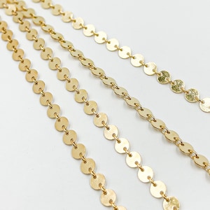 4mm 14k gold filled chain by foot, unfinished circle sequin chain, small round coin chain yard, round disc bracelet chain bulk. 109571 image 1