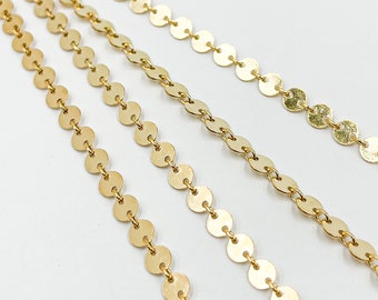 4mm 14k gold filled chain by foot, unfinished circle sequin chain, small round coin chain yard, round disc bracelet chain bulk. 109571