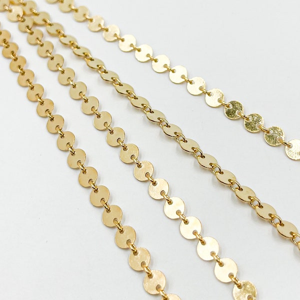 4mm 14k gold filled chain by foot, unfinished circle sequin chain, small round coin chain yard, round disc bracelet chain bulk. 109571