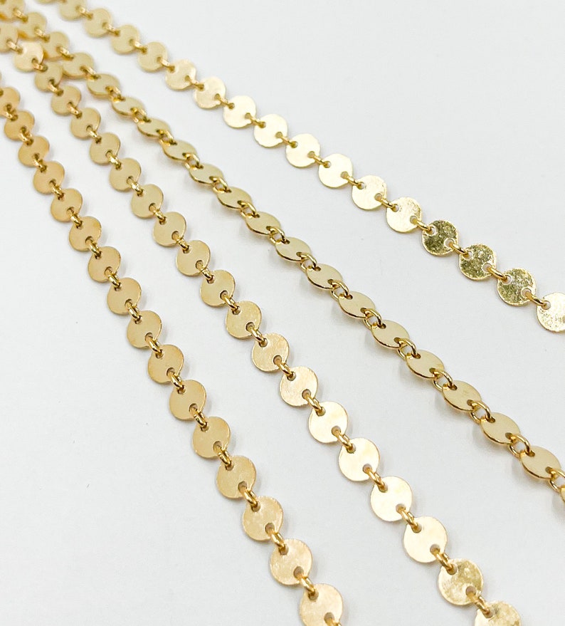 4mm 14k gold filled chain by foot, unfinished circle sequin chain, small round coin chain yard, round disc bracelet chain bulk. 109571 image 1