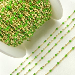925 Sterling Silver Gold Plated Chain by foot, 2x1mm Green Enamel Bead Link Chain, Enamel Chain by Foot, Satellite Chain. V203LMGP