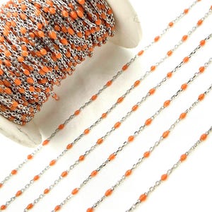 925 Sterling Silver Orange Enamel Bead Chain, 2x1mm Satellite Chain by Foot, Permanent Jewelry, Enamel Chain V203ORSS