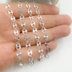 1 FT 925 Sterling Silver Flat Textured Marina Chain by foot. Links 6x5mm. 925 silver sequin oval chain, Wholesale Silver Chain. V163SS