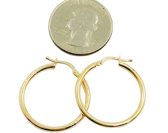 Orecchini rotondi lisci minimalisti a cerchio in oro massiccio 14 carati da 25 mm, classici orecchini a cerchio lucidi all'ingrosso veri gioielli in oro massiccio. GER81