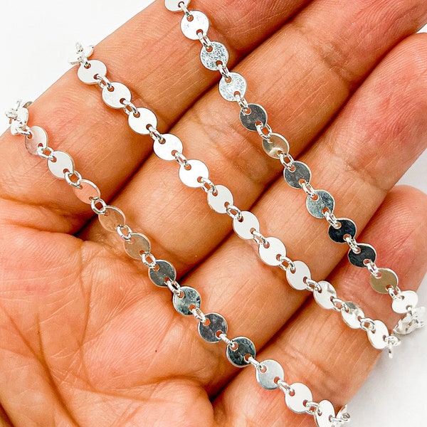 1FT 4mm 925 Silver Disc Chain,Unfinished Coin Sequin Chain by Foot, Flat Round Link Chain Wholesale,925 Silver Circle Necklace Chain. 109571