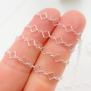 May include: Silver chain with a clover-shaped link design. The chain is shown folded in a hand.