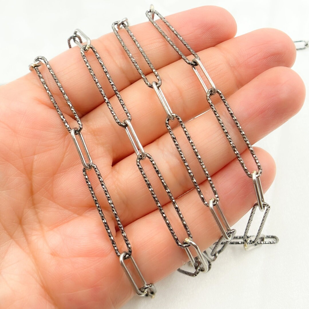 Black Rhodium Sterling Silver Paperclip Chain, 25x5mm Diamond Cut