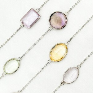 Sterling Silver Multi Gemstone Chain, Amethyst Topaz Quartz Bezel, Dainty Cable Bead image 2